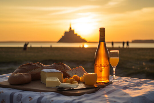 French picnic in autumn with mont saint-michel on background. Generative AI