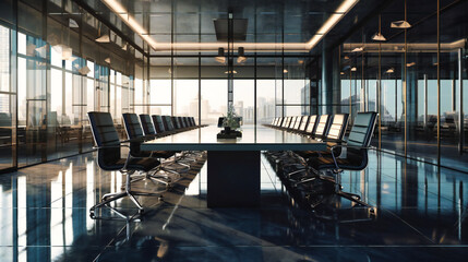 Fototapeta premium A large conference table with black chairs in the middle