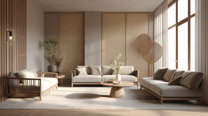 Modern interior japandi style design livingroom. Lighting and sunny scandinavian apartment with plaster and wood. - obrazy, fototapety, plakaty