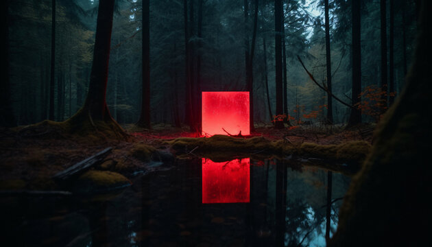 Mystical glowing neon creepy square frame or portal over water or lake in the forest, AI generated
