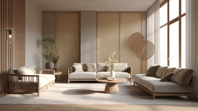 Fototapeta Modern interior japandi style design livingroom. Lighting and sunny scandinavian apartment with plaster and wood.