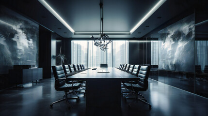 Executive meeting room with black boardroom table and leather chairs