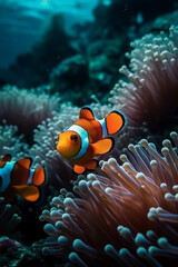 Beautiful clown fish closeup in a coral reef and anemone under the ocean