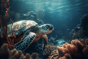 Obraz premium Beautiful sea turtle closeup in a coral reef under the ocean