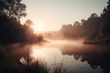 A tranquil lake at dawn amidst hazy woodlands and ranges. Generative AI