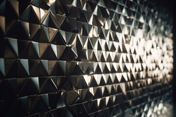 Silver triangular mosaic wall with 3D blocks. Generative AI