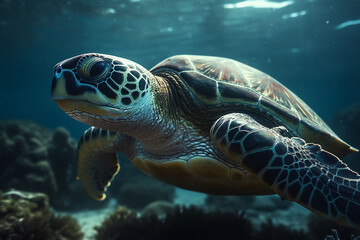 Fototapeta premium Beautiful sea turtle closeup in a coral reef under the ocean