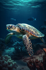 Beautiful sea turtle in a coral reef under the ocean