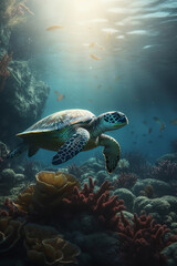 Beautiful turtle in a coral reef under the ocean