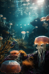 Fototapeta na wymiar Beautiful jellyfish in a coral reef under the ocean