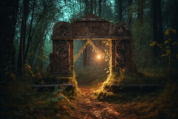 Enchanted woods with neon gateway, vintage look, eerie ambiance and supernatural charm. Generative AI