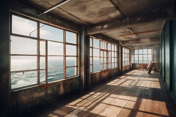 Contemporary industrial interior with ocean view, rough floor and opening. Generative AI