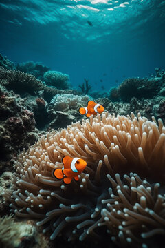 Beautiful clown fish closeup in a coral reef and anemone under the ocean