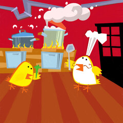 cartoon scene with happy chicken rooster cooking in the kitchen illustration for children