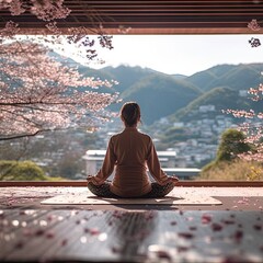 Fototapeta premium relaxed concept. Back of view full body woman doing yoga meditate in studio in front of stunning sakura view outside