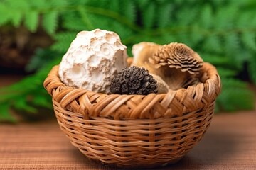 basket filled with various types of mushrooms on a wooden table Generative AI