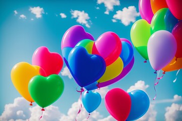 Air Balloons. Bunch of colorful pink, blue, yellow, red, green heart shaped foil balloons in blue sky sunny day. Love. Holiday celebration. Valentine's Day party decoration. Birthday. Generative AI