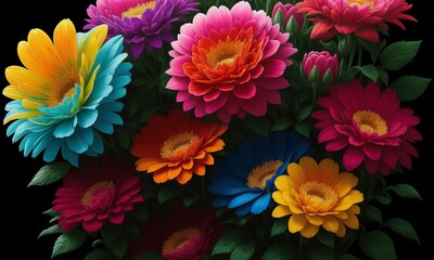 Fototapeta premium Colorful floral pattern. Elegant ornament with exotic fantasy flowers, leaves. Folk style painting. Red flowers on black background. Modern tropical wallpapers. Design for print, fabric. Generative AI