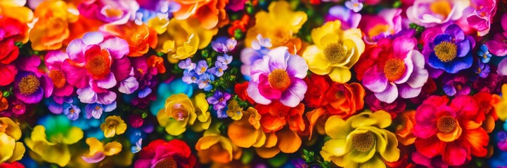 Naklejka premium Colorful floral banner. Elegant ornament with exotic fantasy flowers, leaves. Acryl painting style. Red, pink, yellow, violet flowers. Modern tropical wallpapers. Design for print, site. Generative AI