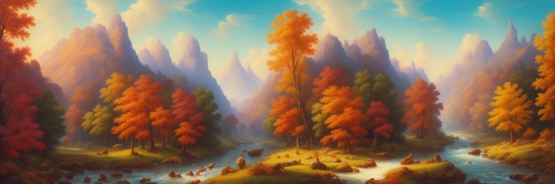 banner, Panoramic morning view, red and yellow trees with river on foreground and snowy mountain peaks on background. Outdoor autumn painting scene. Beauty of nature concept background. Generative AI
