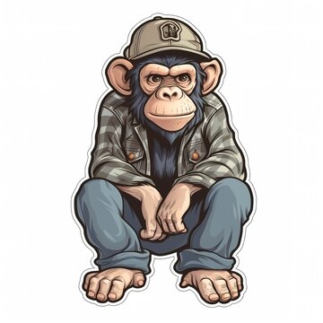 Cartoon sticker of a Cool dressed Chimpanzee over white background. Generative AI illustration