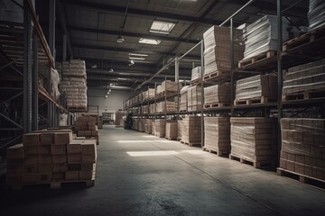A spacious retail warehouse with shelves, packages and pallet trucks. Forklift moving in the background. It's a facility for logistics and distribution of products. Generative AI