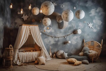 Fototapeta na wymiar a child's room set up with a moon, generative ai