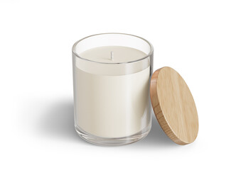 Minimalist candle mockup, clear glass candle jar with wooden lid open design-ready 3D render template