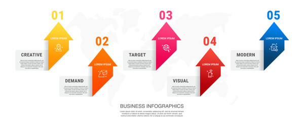 Vector modern infographics with 5 arrows and icons. Concept graphic process template with five steps and symbols. Timeline for the business project, graph, chart, diagram, finance, statistics © evseev_tim