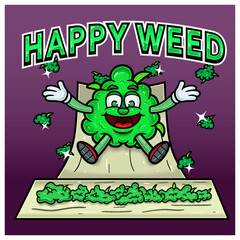 Cartoon Mascot of Weed Bud On Cigarette Paper, Happy Weed and Slide Down. Perfect For Label, Cover, Packaging, and Product Design.