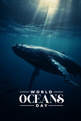 World oceans day illustration, underwater blue whale sea creature design