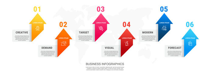 Vector modern infographics with 6 arrows and icons. Concept graphic process template with six steps and symbols. Timeline for the business project, graph, chart, diagram, finance, statistics