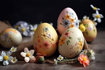 Obraz na płótnie Canvas illustration, decorating easter eggs with spring flowers, ai generative.
