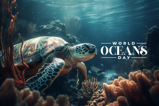 World oceans day illustration, underwater turtle sea creature design