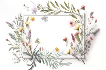 Watercolor illustration of a floral frame with wildflowers in horizontal orientation and transparent background. Generative AI  - obrazy, fototapety, plakaty