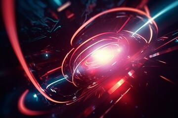 Abstract futuristic loops with red neon rays, dynamic disco beams, and glowing galaxy. Generative AI