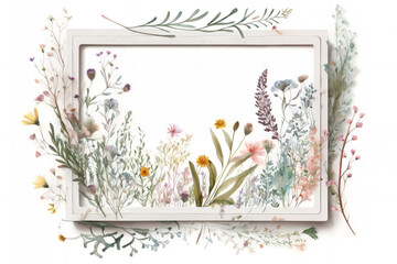 Watercolor illustration of a floral frame with wildflowers in horizontal orientation and transparent background. Generative AI 