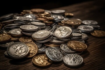 Precious Coins on Wooden Table, Generative AI