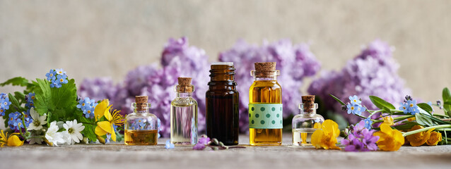 Header with essential oil bottles and spring flowers - obrazy, fototapety, plakaty