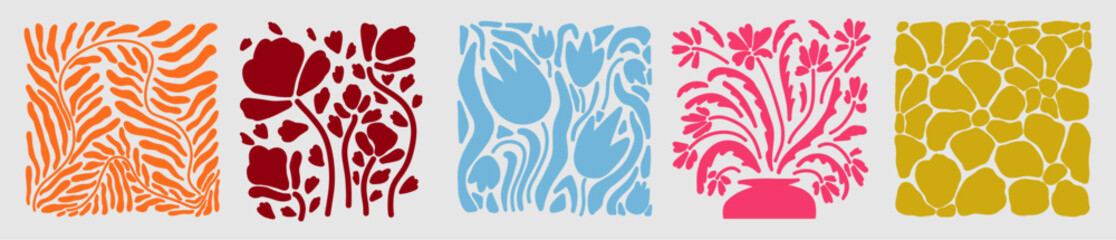 Matisse curves aesthetic. Groovy abstract patterns set. Floral doodles, botanical art. Fashionable organic floral style of naive retro hippies of the 60-70s. Vector background pink blue orange