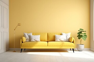 Minimal and bright living room centered on a yellow couch. Comfy and simple design. Generative AI