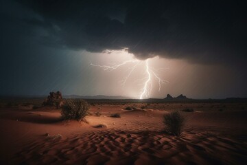 Intense lightning in desert thunderstorm. Generative AI