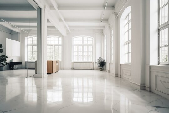 Bright clean space with white walls and floors. Generative AI