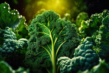 Vibrant fresh green kale cabbage, closeup detail - , healthy superfood concept. Generative AI - obrazy, fototapety, plakaty
