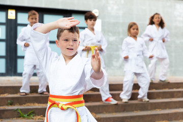 Fototapeta na wymiar Little boy make karate exercises on the city street