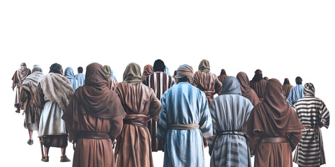 Apostles of Jesus Christ middle eastern men wearing colorful medieval clothing standing view from the back - 601203308