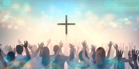 concept christian church worship and praise God show, the silhouette of the hands at concert 3D render - obrazy, fototapety, plakaty