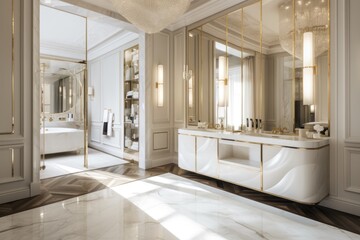 luxurious bathroom with marble flooring and a spacious mirror Generative AI
