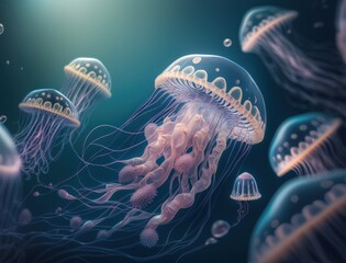 Jellyfish swims in the ocean sea 