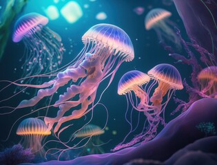 Jellyfish swims in the ocean sea created with Generative AI technology